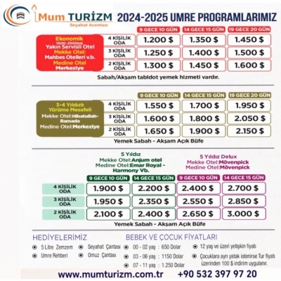 MUM TURİZM 2024-2025 GÜNCEL UMRE FİYATLARIMIZ 